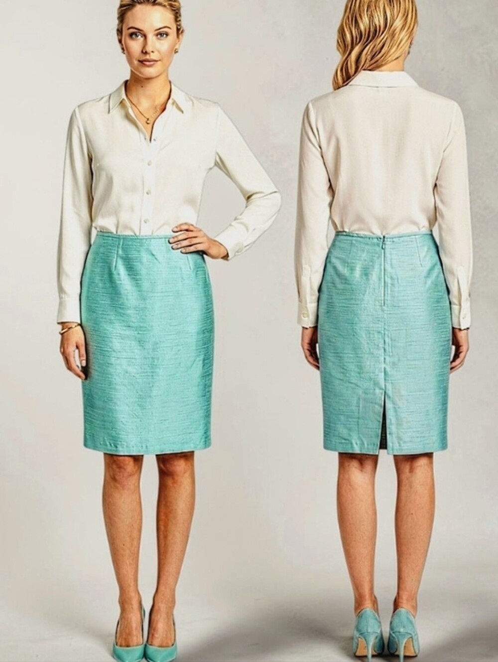 ✏️VTG Blue-Green Textured Classic Pencil Skirt Professional
